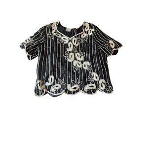 Sténay Plus Blouse Black White Silk Beaded Sequin Paisley Scalloped 3X Vintage